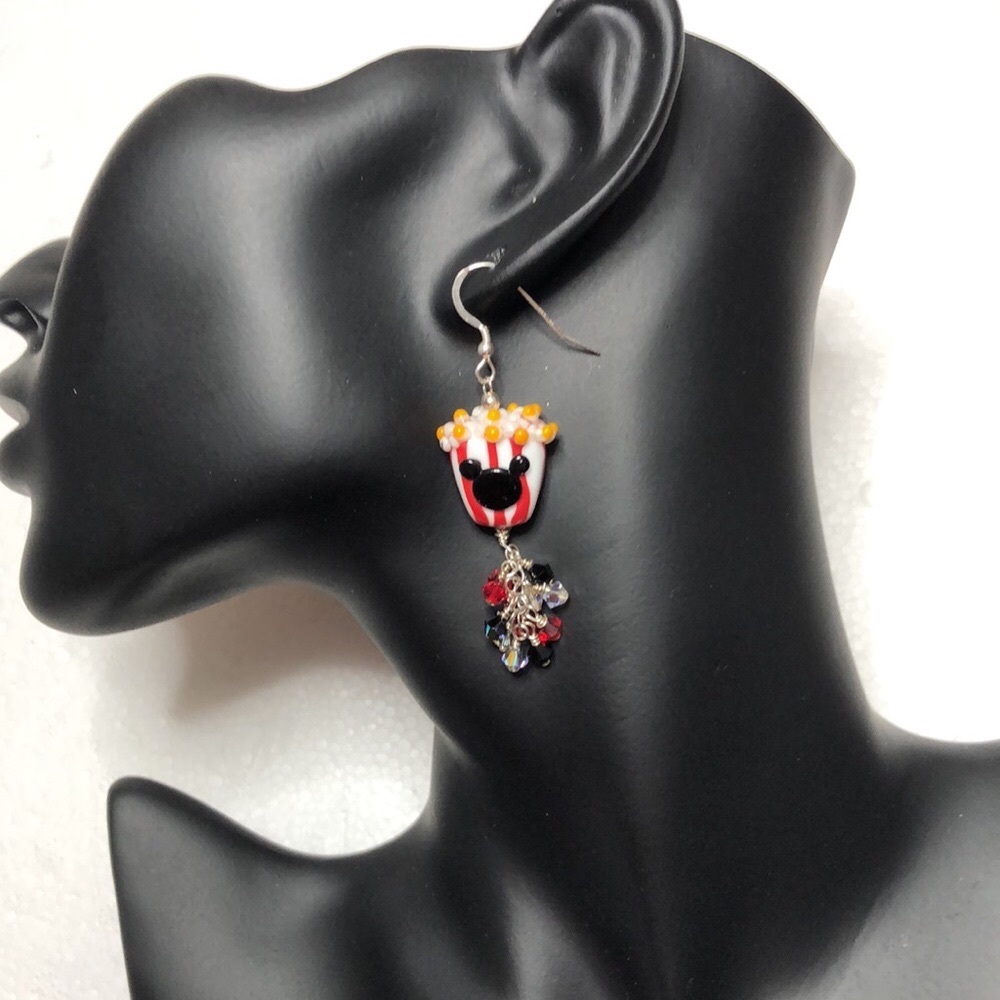 HANDMADE LAMPWORK MICKEY POPCORN  CRYSTAL SWAROVSKI 925 STERLING SILVER EARRING